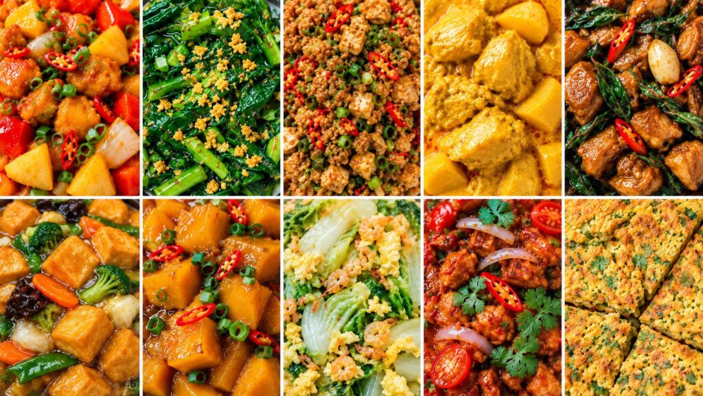 Selection of local dishes served in Catering Corner staff cafeterias, including sweet and sour pork, stir-fried greens, braised tofu and chilli chicken