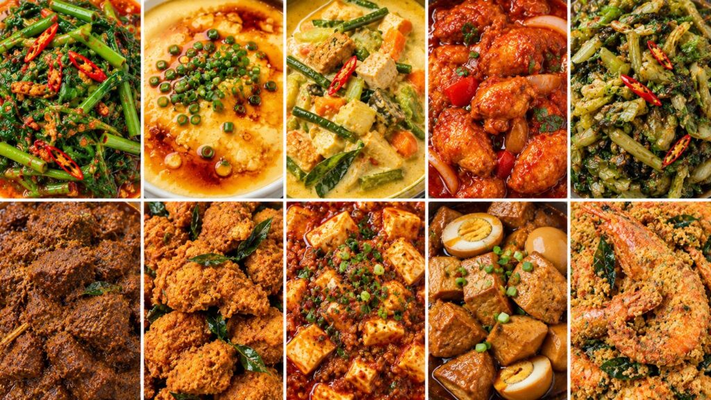 Selection of local dishes served in Catering Corner staff canteens, including sambal kangkong, sayur lodeh, rendang and braised tofu with egg