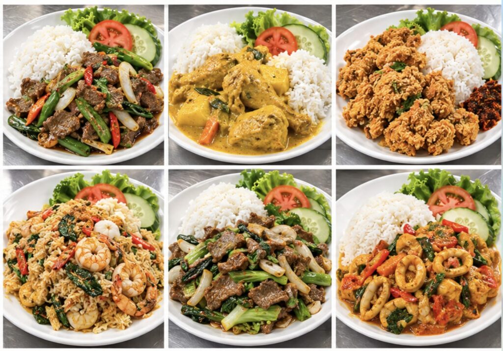 Six rice plates with stir-fried beef, chicken curry, fried chicken, prawn noodles and sambal squid, as served in a staff canteen