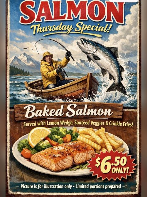 Lunch special poster at a Catering Corner staff canteen: baked salmon with lemon, sauteed vegetables and crinkle fries