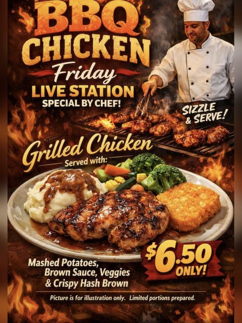 Lunch special poster at a Catering Corner staff canteen: BBQ chicken live station with grilled chicken, mashed potatoes, vegetables and hash brown