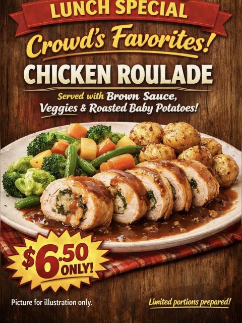 Lunch special poster at a Catering Corner staff canteen: chicken roulade with brown sauce, vegetables and roasted baby potatoes