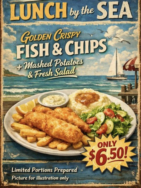 Lunch special poster at a Catering Corner staff canteen: golden crispy fish and chips with mashed potatoes and fresh salad