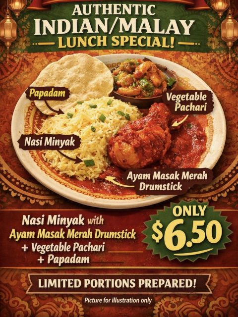 Lunch special poster at a Catering Corner staff canteen: Indian and Malay set of nasi minyak with ayam masak merah, vegetable pachari and papadam