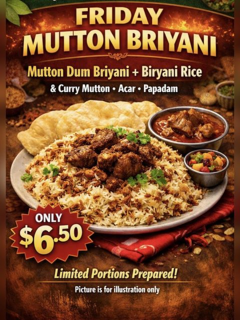 Lunch special poster at a Catering Corner staff canteen: mutton dum briyani with curry mutton, acar and papadam