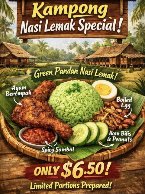 Lunch special poster at a Catering Corner staff canteen: kampong nasi lemak with green pandan rice, ayam berempah, sambal, boiled egg, ikan bilis and peanuts